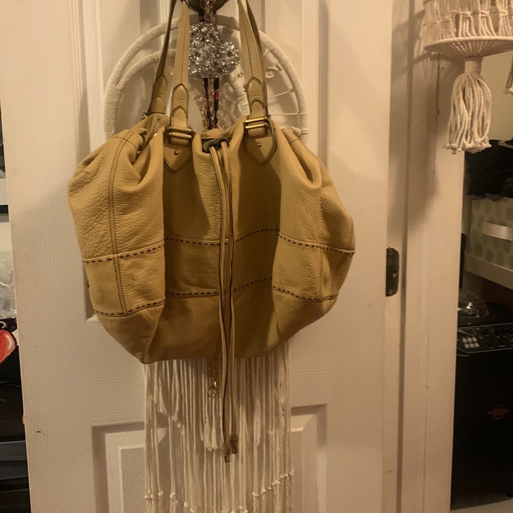 Cole Haan Pebble Leather Cream Shoulder Bag with Contrast Stitching